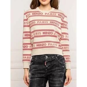 Kenzo Red & Tan Striped Woven Logo Knitted Sweater Long Sleeve Round Neck Small